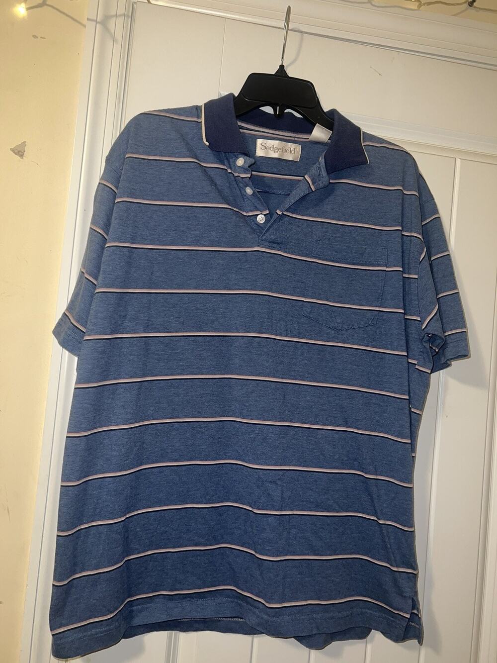 Sedgefield men’s blue strip polo shirt collared cotton blend short sleeve large